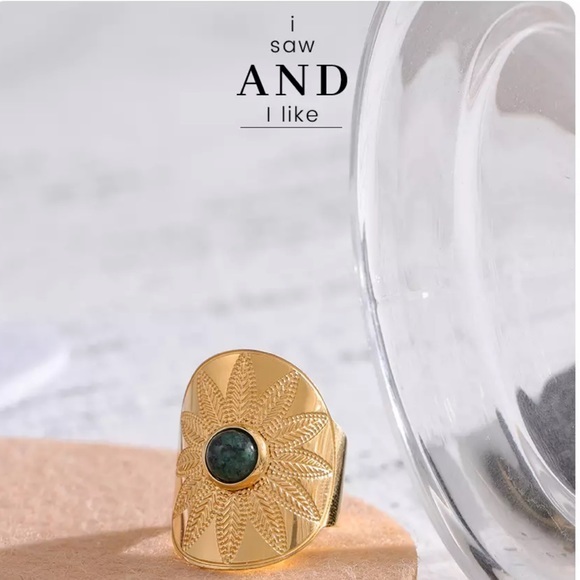 18K Gold Plated African Turquoise Flower Leave Ring - Picture 6 of 13